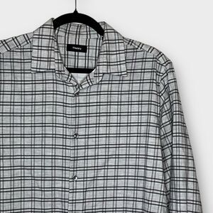 THEORY Tait Button Sport Shirt Men’s Small Gray Grid Check Slim Fit Jaspe Lined
